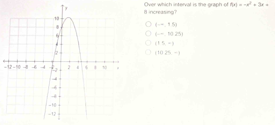 Over which interval is the graph of f(x)=-x^2+3x+
8 increasing?
(-∈fty ,1.5)
(-∈fty ,10.25)
(1.5,∈fty )
(1025,·s )
-