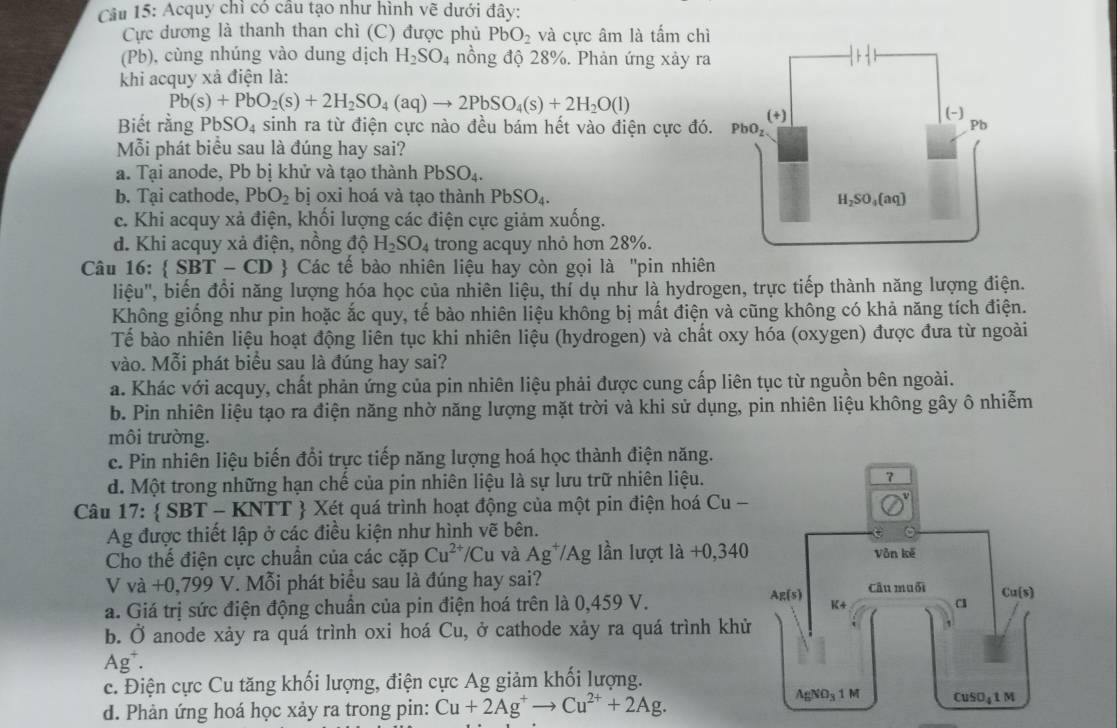 Acquy chì có câu tạo như hình vẽ dưới đây:
Cực dương là thanh than chì (C) được phủ PbO_2 và cực âm là tấm chì
(Pb), cùng nhúng vào dung dịch H_2SO_4 nồng độ 28%. Phản ứng xảy ra
khi acquy xả điện là:
Pb(s)+PbO_2(s)+2H_2SO_4(aq)to 2PbSO_4(s)+2H_2O(l)
Biết rằng PbSO_4 sinh ra từ điện cực nào đều bám hết vào điện cực đó.
Mỗi phát biểu sau là đúng hay sai?
a. Tại anode, Pb bị khử và tạo thành PbSO_4.
b. Tại cathode, PbO_2 bị oxi hoá và tạo thành PbSO_4.
c. Khi acquy xả điện, khổi lượng các điện cực giảm xuống.
d. Khi acquy xả điện, nồng độ H_2SO_4 trong acquy nhỏ hơn 28%.
Câu 16: SBT-CD  Các tế bào nhiên liệu hay còn gọi là "pin nhiên
liệu'', biến đồi năng lượng hóa học của nhiên liệu, thỉ dụ như là hydrogen, trực tiếp thành năng lượng điện.
Không giống như pin hoặc ắc quy, tế bào nhiên liệu không bị mất điện và cũng không có khả năng tích điện.
Tế bào nhiên liệu hoạt động liên tục khi nhiên liệu (hydrogen) và chất oxy hóa (oxygen) được đưa từ ngoài
vào. Mỗi phát biểu sau là đúng hay sai?
a. Khác với acquy, chất phản ứng của pin nhiên liệu phải được cung cấp liên tục từ nguồn bên ngoài.
b. Pin nhiên liệu tạo ra điện năng nhờ năng lượng mặt trời và khi sử dụng, pin nhiên liệu không gây ô nhiễm
môi trường.
c. Pin nhiên liệu biến đổi trực tiếp năng lượng hoá học thành điện năng.
d. Một trong những hạn chế của pin nhiên liệu là sự lưu trữ nhiên liệu.
Câu 1 7:  SBT * - KNTT  Xét quá trình hoạt động của một pin điện hoá Cu -
Ag được thiết lập ở các điều kiện như hình vẽ bên.
Cho thế điện cực chuẩn của các cặp Cu^(2+)/C u và Ag^+/ lAg lần lượt là +0,340
V va+0,799V. Mỗi phát biểu sau là đúng hay sai?
a. Giá trị sức điện động chuẩn của pin điện hoá trên là 0,459 V.
b. Ở anode xảy ra quá trình oxi hoá Cu, ở cathode xảy ra quá trình khử
Ag^-
c. Điện cực Cu tăng khối lượng, điện cực Ag giảm khối lượng.
d. Phản ứng hoá học xảy ra trong pin: Cu+2Ag^+to Cu^(2+)+2Ag.