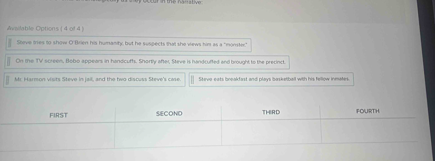 ey occur in the narrative:
Available Options ( 4 of 4 )
Steve tries to show O'Brien his humanity, but he suspects that she views him as a “monster."
On the TV screen, Bobo appears in handcuffs. Shortly after, Steve is handcuffed and brought to the precinct.
Mr. Harmon visits Steve in jail, and the two discuss Steve's case. Steve eats breakfast and plays basketball with his fellow inmates