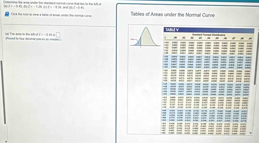 Determine the area under the standard normal curve that lies to the left of 
(a) Z=-0.45 (b) Z=-1.29 , (c) Z=-0.34 , and (d) Z=0.45
) Click the icon to view a table of areas under the normal curve Tables of Areas under the Normal Curve 
(a) The area to the left of Z=-0.45 5 □ 
(Round to four decimal places as needed.)