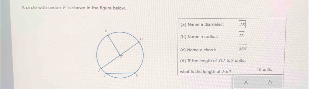 A circle with center F is shown in the figure below. 
(a) Name a diameter: beginarrayr overline JK overline IL
(b) Name a radius: 
(c) Name a chord: overline MN
(d) If the length of overline GJ is 8 units,
10 units 
what is the length of overline FE ? 
×