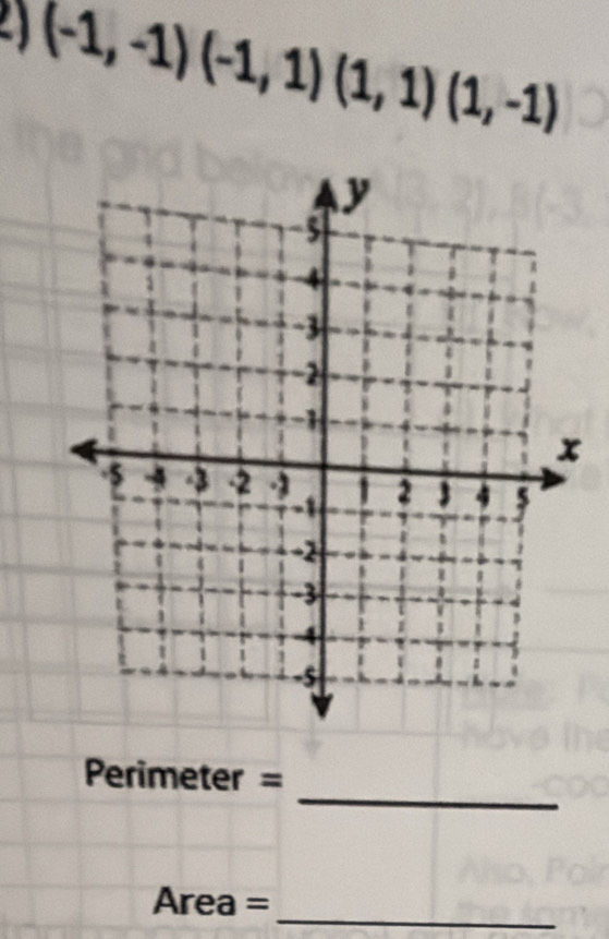 (-1,-1)(-1,1)(1,1)(1,-1)
_ 
Perimeter = 
_ 
Area =