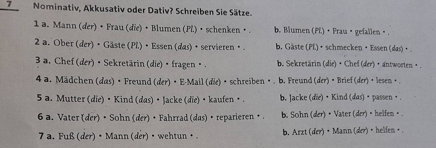 Nominativ, Akkusativ oder Dativ? Schreiben Sie Sätze.
1 a. Mann (der) • Frau (die) • Blumen (Pl.) • schenken • . b. Blumen (PL) • Frau • gefallen • .
2 a. Ober (der) • Gäste (Pl.) • Essen (das) • servieren • . b. Gäste (Pl.) • schmecken • Essen (das)• .
3 a. Chef (der) • Sekretärin (die) • fragen • . b. Sekretärin (die)• Chef (der) • antworten • .
4 a. Mädchen (das) • Freund (der) • E-Mail (die) • schreiben • . b. Freund (der) • Brief (der) • lesen • .
5 a. Mutter (die) • Kind (das) • Jacke (die) • kaufen • . b. Jacke (die) • Kind (das) • passen • .
6 a. Vater (der) • Sohn (der) • Fahrrad (das) • reparieren • . b. Sohn (der) • Vater (der) • helfen • .
7 a. Fuß (der) • Mann (der) • wehtun • . b. Arzt (der) • Mann (der) • helfen •.