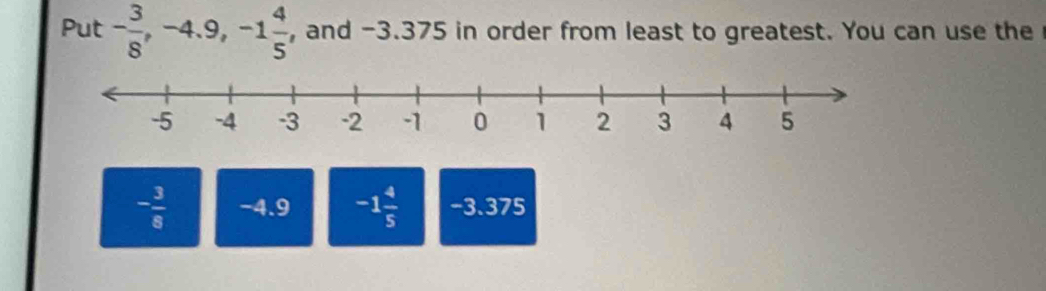 Put - 3/8 , -4.9, -1 4/5  , and -3.375 in order from least to greatest. You can use the
- 3/8  -4.9 -1 4/5  -3.375