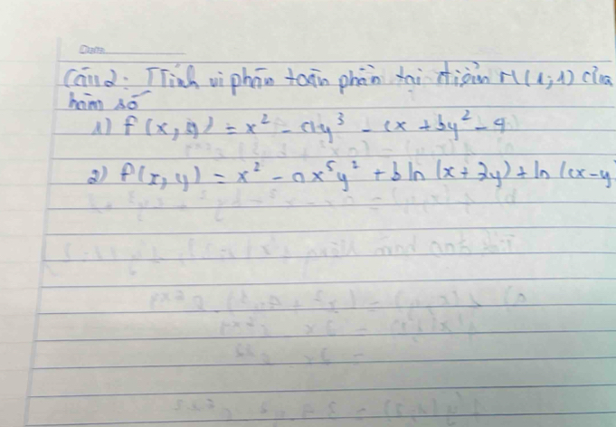 caid: Tink viphān tain phān xai Aiàin M(1,1) clua
ham só
A) f(x,y)=x^2-cxy^3-cx+by^2-4
a) f(x,y)=x^2-ax^5y^2+bln (x+2y)+ln (cx-y