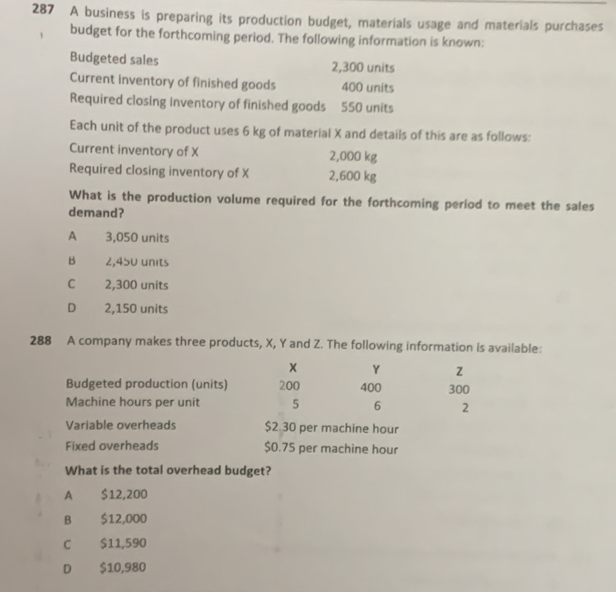 287 A business is preparing its production budget, materials usage and materials purchases
budget for the forthcoming period. The following information is known:
Budgeted sales 2,300 units
Current inventory of finished goods 400 units
Required closing inventory of finished goods 550 units
Each unit of the product uses 6 kg of material X and details of this are as follows:
Current inventory of X 2,000 kg
Required closing inventory of X 2,600 kg
What is the production volume required for the forthcoming period to meet the sales
demand?
A 3,050 units
B 2,450 units
C 2,300 units
D 2,150 units
288 A company makes three products, X, Y and Z. The following information is available:
× Y z
Budgeted production (units) 200 400 300
Machine hours per unit 5 6
2
Variable overheads $2 30 per machine hour
Fixed overheads $0.75 per machine hour
What is the total overhead budget?
A £ $12,200
B $12,000
C $11,590
D $10,980