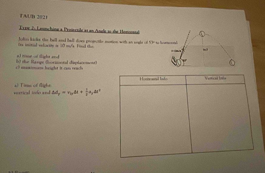 TAUB 2021 
Tvpe 2: Launching a Projectile at an Angle to the Horizontal 
John kicks the ball and ball does projectile motion with an angle of 53°
Its inirial velocity is 10 m/s. Find the to horizontal
V> 10m/s 2 
a) time of flight and 
b) the Range (horizontal displacement) 
c) maximum height it can reach 
Horizontal Info Vertical Info 
a) Time of flight: 
vertical info and Delta d_y=v_iyDelta t+ 1/2 a_yDelta t^2