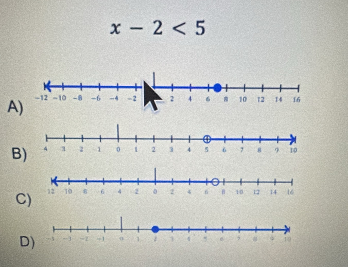 x-2<5</tex>
A
B
C
D