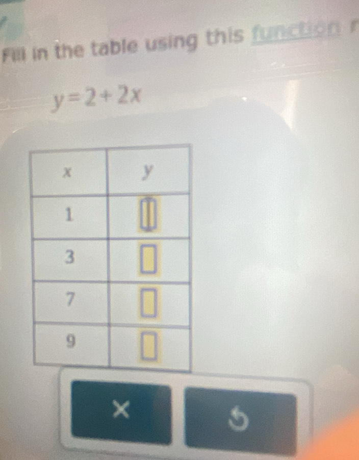 Fill in the table using this function r
y=2+2x
×
5