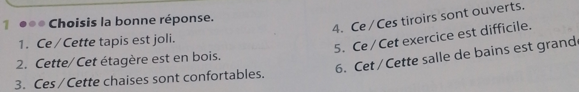 Ce / Ces tiroirs sont ouverts. 
1 ●●● Choisis la bonne réponse. 
5. Ce/ Cet exercice est difficile. 
1. Ce /Cette tapis est joli. 
6. Cet / Cette salle de bains est grand 
2. Cette/Cet étagère est en bois. 
3. Ces/ Cette chaises sont confortables.