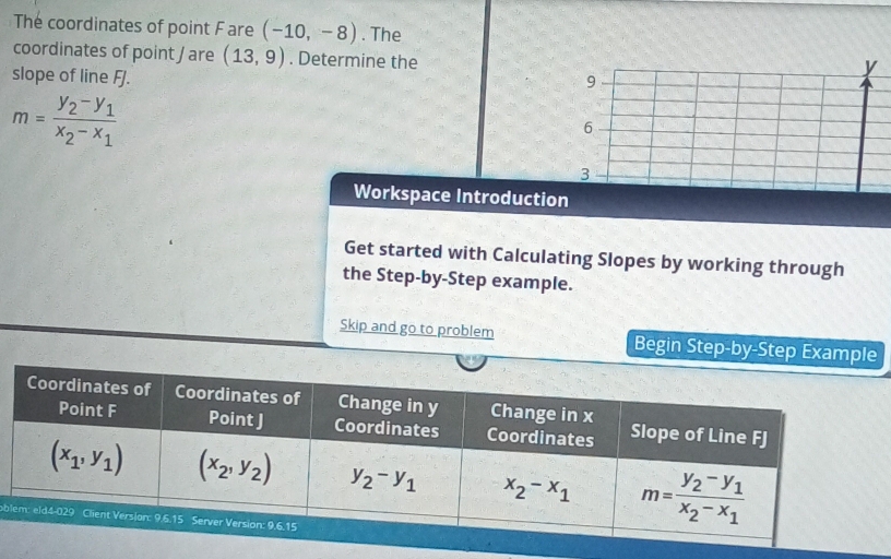 The coordinates of point F are (-10,-8). The
coordinates of point / are (13,9). Determine the
slope of line FJ.
y
9
m=frac y_2-y_1x_2-x_1
6
3
Workspace Introduction
Get started with Calculating Slopes by working through
the Step-by-Step example.
Skip and go to problem Begin Step-by-Step Example
ob