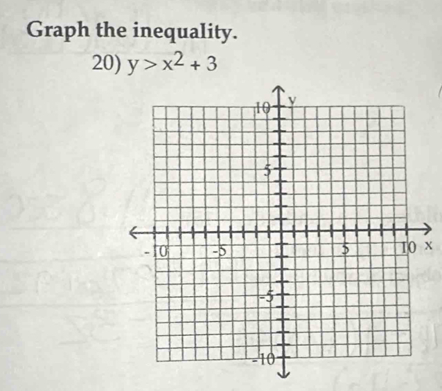 Graph the inequality. 
20) y>x^2+3
X