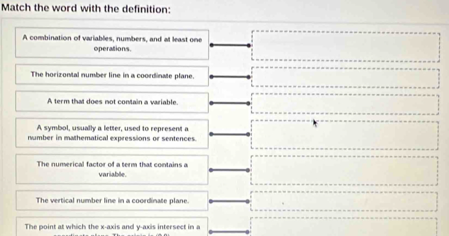 Match the word with the definition:
A combination of variables, numbers, and at least one
operations.
The horizontal number line in a coordinate plane.
A term that does not contain a variable.
A symbol, usually a letter, used to represent a
number in mathematical expressions or sentences.
The numerical factor of a term that contains a
variable.
The vertical number line in a coordinate plane.
The point at which the x-axis and y-axis intersect in a