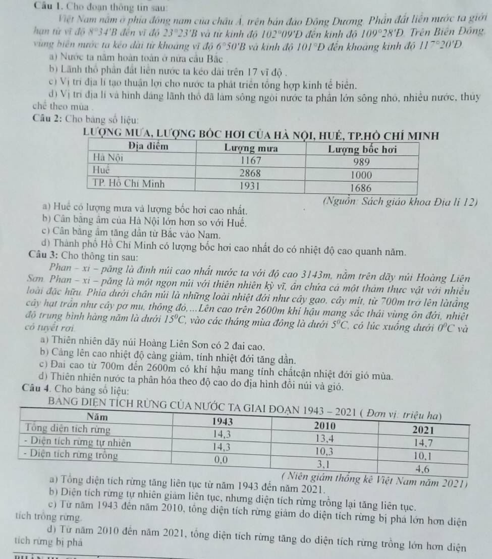Cầu 1. Cho đoạn thông tin sau:
Việt Nam nằm ở phía đồng nam của châu Á, trên bán đảo Đông Dương, Phần đất liền nước ta giới
hạn từ vĩ độ 8°3 4'B đến vĩ độ 23°23'B và từ kinh độ 102°09'D đến kinh độ 109°28'D Trên Biên Đông
vùng biến mước ta kéo dài từ khoảng vĩ độ 6°50'B và kinh độ 101°D đến khoảng kinh độ 11°20'D
) Nước ta năm hoàn toàn ở nữa cầu Bắc .
b) Lãnh thổ phần đất liên nước ta kéo dài trên 17 vĩ độ .
c) Vị tri địa lí tạo thuận lợi cho nước ta phát triển tổng hợp kinh tế biển.
d) Vị trí địa lí và hình dáng lãnh thổ đã làm sông ngời nước ta phần lớn sông nhỏ, nhiều nước, thủy
che theo mùa .
Câu 2: Cho bảng số liệu:
lượng mưa, lượng bốc hơi của hà nội, huẻ, tp.hỏ chí minh
(Nguồn: Sách giáo khoa Địa li 12)
a) Huế có lượng mưa và lượng bốc hơi cao nhất.
b) Cân bằng âm của Hà Nội lớn hơn so với Huế.
c) Cân bằng ầm tăng dần từ Bắc vào Nam.
d) Thành phố Hồ Chí Minh có lượng bốc hơi cao nhất do có nhiệt độ cao quanh năm.
Câu 3: Cho thông tin sau:
Phan - xi - păng là đinh núi cao nhất nước ta với độ cao 3143m, nằm trên dãy núi Hoàng Liên
Sơn. Phan - xi - păng là một ngọn núi với thiên nhiên kỳ vĩ, ần chứa cả một thảm thực vật với nhiều
loài đặc hữu. Phía dưới chân núi là những loài nhiệt đới như cây gạo, cây mít, từ 700m trở lên làtầng
cây hạt trần như cây pơ mu, thông đỏ,...Lên cao trên 2600m khí hậu mang sắc thái vùng ôn đới, nhiệt
độ trung bình hàng năm là dưới 15°C * vào các tháng mùa đông là dưới 5°C C có lúc xuống dưới 0°C
có tuyết rơi. và
a) Thiên nhiên dãy núi Hoàng Liên Sơn có 2 đại cao.
b) Cảng lên cao nhiệt độ càng giảm, tính nhiệt đới tăng dần.
c) Đai cao từ 700m đến 2600m có khí hậu mang tính chấtcận nhiệt đới gió mùa.
d) Thiên nhiên nước ta phân hóa theo độ cao do địa hình đồi núi và gió.
Câu 4. Cho bảng số liệu:
BANG DIEN TÍCH RÜNG 
Niên giám thống kê Việt Nam năm 2021)
a) Tổng diện tích rừng tăng liên tục từ năm 1943 đến năm 2021.
b) Diện tích rừng tự nhiên giảm liên tục, nhưng diện tích rừng trồng lại tăng liên tục.
c) Từ năm 1943 đến năm 2010, tổng diện tích rừng giảm do diện tích rừng bị phá lớn hơn diện
tích trồng rừng.
d) Từ năm 2010 đến năm 2021, tổng diện tích rừng tăng do diện tích rừng trồng lớn hơn diện
tích rừng bị phá