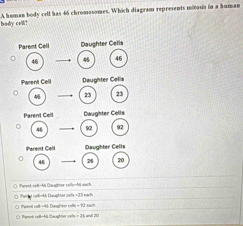 A human body cell has 46 chromosomes. Which diagram represents mitosis in a human
body cell?
Parent Cell Daughter Cells
46
46 46
Parent Cell Daughter Cells
46
23 23
Parent Cell Daughter Cells
46
92 92
Parent Cell Daughter Cells
46
26 20
Parent cell=46 Daughter cells =46 each
Pare t cell=46 L Daughter cells =23 each
Parent cell=46 Daughter cells =92 each
Parent cell=46 D aughter cells =26 and 20