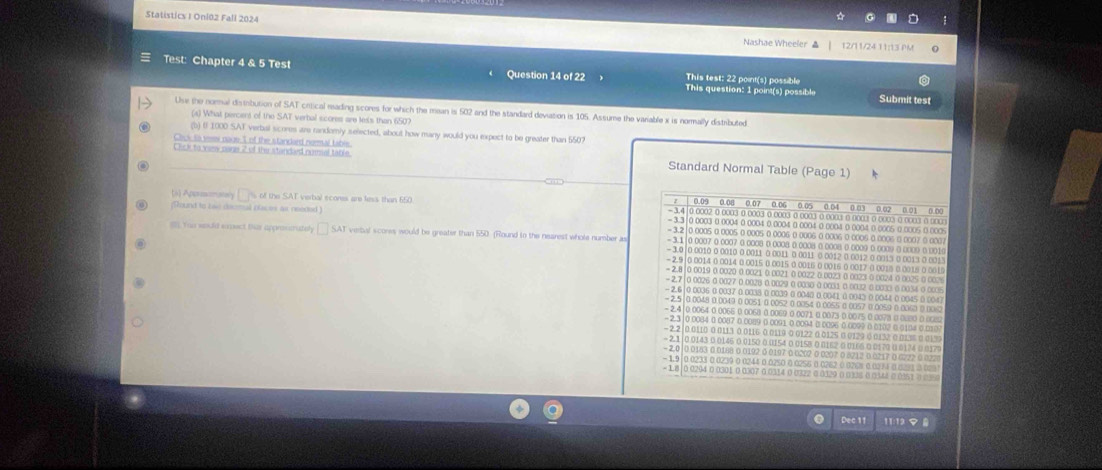 Statistics I Oni02 Fall 2024 Nashae Wheeler ▲
12/11/24 11:13 PM
Test: Chapter 4 & 5 Test Question 14 of 22 This question: 1 point(s) possible
This test: 22 point(s) possible
Submit test
Use the normal distribution of SAT critical reading scores for which the mean is 502 and the standard deviation is 105. Assume the variable x is normally distributed
(4) What percent of the SAT verbal scores are lxts than 650?
(b) 6 1000 SAT verbal scores are randomly selected, about how many would you expect to be greater than 5507
mage Tn l the s l andard nom    e  
Cick to vew pars 2 of the standied norial table Standard Normal Table (Page 1)
(6) Apromtry s of the SAT verbal scores are less than 650 -3.4|0.0002 0.0003 0.0003 0.0003 0.0003 0.0003 0.0001 0 0003 0.0003 0 0000 0.01 0.00
0.09 0.08 0.07 0.06 0.05 0.04
;Round to bee deumal places as needed = 3.2 |0 0005 0 0005 0 0005 0 0006 0 0006 0 0006 0 0006 0 0006 0 0007 0 0007
- 3.3|0 0003 0 0004 0 0004 0 0004 0 0004 0 0004 0 0004 0 0005 0 0005 0.0005
i You seud sunect this approstrately □ SAT verbal scores would be greater than 550. (Round to the nearest whole number a - 3.0 |0 0010 0 0010 0 0011 0 0011 0 0011 0 0012 0 0012 0 0013 0 0013 0 0013
-3.1 |0 0007 0 oo07 o ooo8 0 ooo8 0 ooo8 o ooo8 o oooo ( ooo9 o ooo0 o o01(
- 2.9 |0 0014 0 0014 0 0015 0 0015 0 0016 0 0016 0 0017 0 0015 0 0018 0 001
= 2.8|0 0019 0 0020 0 0021 0 0021 0 0022 0 0023 0 0023 0 0024 0 0025 0 002
= 2.7 |0 0026 0 0027 0 0028 0 0029 0 0030 0 0031 0 0032 0 00703 6 0034 0 0009
- 2.6 |0 0036 0 0037 0 0038 ( 0039 0 0040 0 0041 0 0043 ( 0044 0 0045 0 (04)
- 2.5 0 0048 0 0049 0 0051 0 0052 0 0054 0 0055 0 0057 0 0059 0 0060 0 006
- 2.4 |0 0064 0 0066 0 0068 0 0069 0 0071 0 0073 0.0075 0 0073 0 0000 0 (0()
-2.3|0 0084 0 0087 0.0089 0.0091 0.0094 0 0096 0.0099 0 0102 0 0104 0.010
- 2 2 |0 0110 0 0113 0 0116 0.0119 0 0122 0 0125 0 0129 0 0132 0 0136 0 013
- 2.1 0 0143 0 0146 o 0150 0 0154 o 0158 0 0162 0 0166 0 0170 0 0124 0 0179
- 2.0 |0 0183 0 0188 0 0192 0 0197 0 0202 0 0207 0 8212 0 0217 0 6222 0.022
- 1.9 0 0233 0 0239 0 0244 0 0250 0 0256 0 0262 0 0208 0 0234 0 0293 0 023
= 18 10 0204 0 0301 0 0307 0 0314 0 0322 0 0129 0 0336 0 0344 0 0351 7 0 
Dec 11 11:12 S 