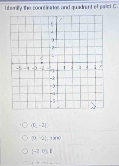 ldentify the coordinates and quadrant of point C.
(0,-2)  1/4 
(0,-2);none
(-2,0); 11