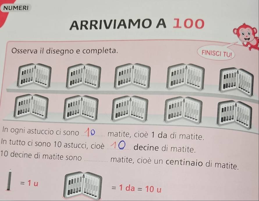 NUMERI 
ARRIVIAMO A 100
Osserva il disegno e completa. 
FINISCI TU! 
In ogni astuccio ci sono _matite, cioè 1 da di matite. 
In tutto ci sono 10 astucci, cioè _decine di matite.
10 decine di matite sono _matite, cioè un centinaio di matite.
=1u
=1da=10 u