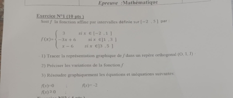 Epreuve :Mathématique 
Exercice N°I (10 pts ) 
Soit f la fonction affine par intervalles définie sur [-2,5] par :
f(x)=beginarrayl 3six∈ [-2,1] -3x+6six∈ [1,3] x-6six∈ [3,5]endarray.
1) Tracer la représentation graphique de f dans un repère orthogonal (O,1,J)
2) Préciser les variations de la fonction / 
3) Résoudre graphiquement les équations et inéquations suivantes :
f(x)=0 f(x)=-2
f(x)≥ 0