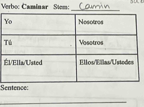 Verbo: Caminar Stem: 
_ 
Sentence: 
_ 
_