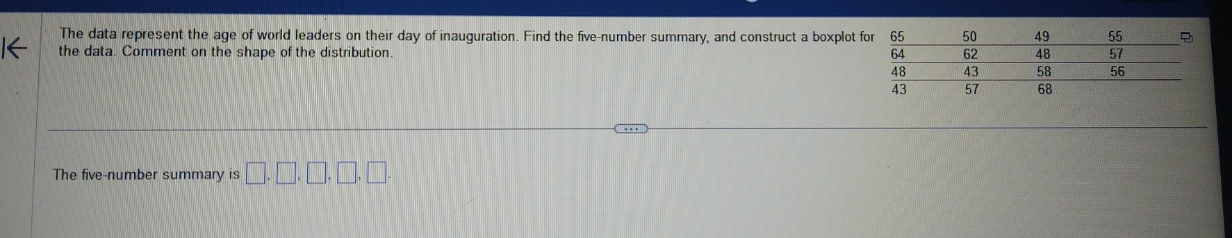 The data represent the age of world leaders on their day of inauguration. Find the five-number summary, and construct a boxplot 
the data. Comment on the shape of the distribution. 
The five-number summary is □ ,□ ,□ ,□ ,□