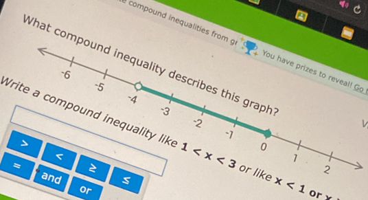 compound inequalities from You have prizes to reveal! Go
What comp
v
Write a compound inequality like x<1</tex> or y
s
or