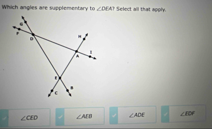 Which angles are supplementary to ∠ DEA ? Select all that apply.
∠ EDF
∠ CED
∠ AEB
∠ ADE