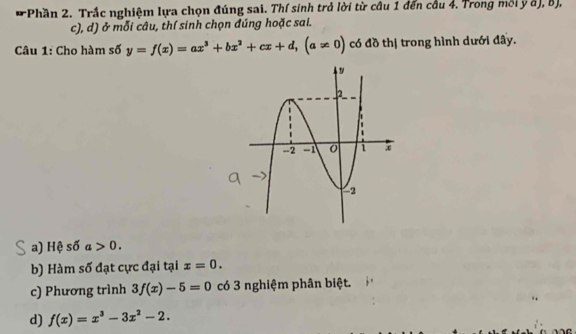 or *Phần 2. Trắc nghiệm lựa chọn đúng sai. Thí sinh trả lời từ câu 1 đến câu 4. Trong mời ý à), b), 
c), d) ở mỗi câu, thí sinh chọn đúng hoặc sai. 
Câu 1: Cho hàm số y=f(x)=ax^3+bx^2+cx+d, (a!= 0) có đồ thị trong hình dưới đây. 
a) Hệ số a>0. 
b) Hàm số đạt cực đại tại x=0. 
c) Phương trình 3f(x)-5=0 có 3 nghiệm phân biệt. 
d) f(x)=x^3-3x^2-2.