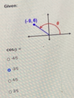 Given:
(-8,6)
cos θ =
4/5
5
4/5
35