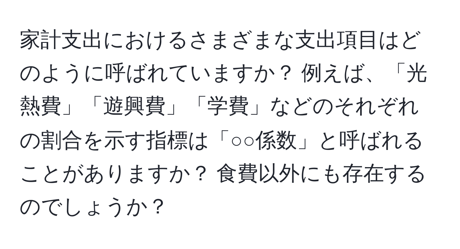 家計支出におけるさまざまな支出項目はどのように呼ばれていますか？ 例えば、「光熱費」「遊興費」「学費」などのそれぞれの割合を示す指標は「○○係数」と呼ばれることがありますか？ 食費以外にも存在するのでしょうか？