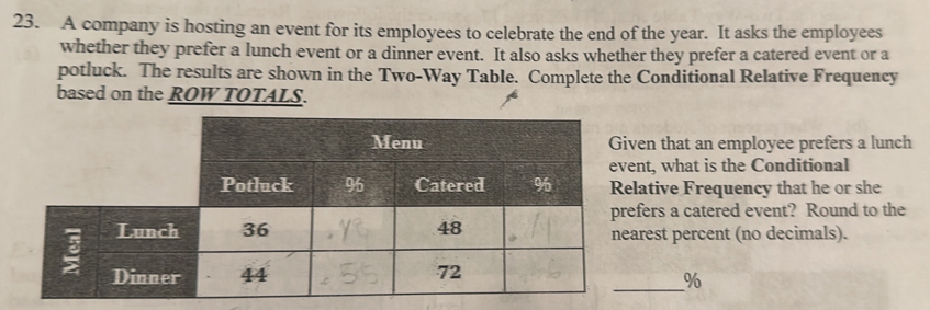 A company is hosting an event for its employees to celebrate the end of the year. It asks the employees 
whether they prefer a lunch event or a dinner event. It also asks whether they prefer a catered event or a 
potluck. The results are shown in the Two-Way Table. Complete the Conditional Relative Frequency 
based on the ROW TOTALS. 
iven that an employee prefers a lunch 
vent, what is the Conditional 
Relative Frequency that he or she 
refers a catered event? Round to the 
earest percent (no decimals). 
_
%