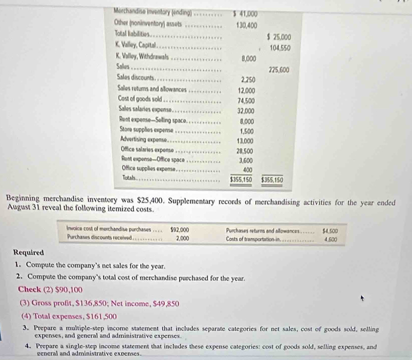 Merchandise inventory (ending) _ $ 41,000
Other (noninventory) assets _ 130,400
Total liabilities.... .. . $ 25,000
K. Valley, Capital . 104,550
K. Valloy, Withdrawals _ 8,000
Sales ._ 225,600
Sales discounts._ 2,250
Sales returns and allowances _ 12,000
Cost of goods sold_ 74,500
Sales salaries expenso . .. 32,000
Rent expense—Selling space. , . 8,000
Store supplies expense . . . 1,500
Advertising expense. . . .. 13,000
Office salaries expenso . . . 28,500
Rent expense—Office space _ 3,600
_ 
_ 
Office supplies expense_ _ 400
Totals ._ $355,150 $355,150
Beginning merchandise inventory was $25,400. Supplementary records of merchandising activities for the year ended 
August 31 reveal the following itemized costs. 
Invoice cost of merchandise purchases . . . . $92,000 Purchases returns and allowances . . . . . . $4,500
Purchases discounts received_ 2,000 Costs of transportation-in._ 4,600
Required 
1. Compute the company's net sales for the year. 
2. Compute the company's total cost of merchandise purchased for the year. 
Check (2) $90,100
(3) Gross profit, $136,850; Net income, $49,850
(4) Total expenses, $161,500
3. Prepare a multiple-step income statement that includes separate categories for net sales, cost of goods sold, selling 
expenses, and general and administrative expenses. 
4. Prepare a single-step income statement that includes these expense categories: cost of goods sold, selling expenses, and 
general and administrative expenses.