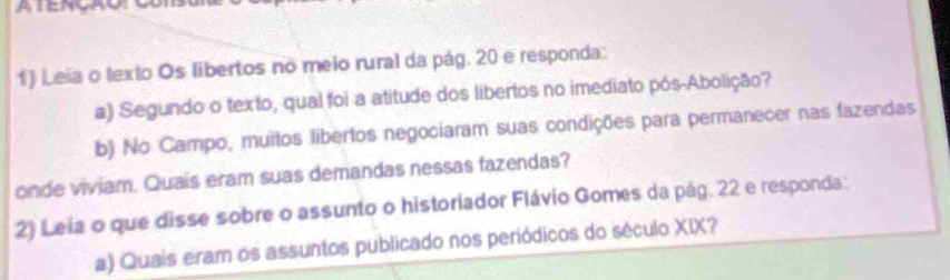 Leia o texto Os libertos no meio rural da pág. 20 e responda: 
a) Segundo o texto, qual foi a atitude dos libertos no imediato pós-Abolição? 
b) No Campo, muitos libertos negociaram suas condições para permanecer nas fazendas 
onde viviam. Quais eram suas demandas nessas fazendas? 
2) Leia o que disse sobre o assunto o historiador Flávio Gomes da pág. 22 e responda: 
a) Quais éram os assuntos publicado nos periódicos do século XIX?