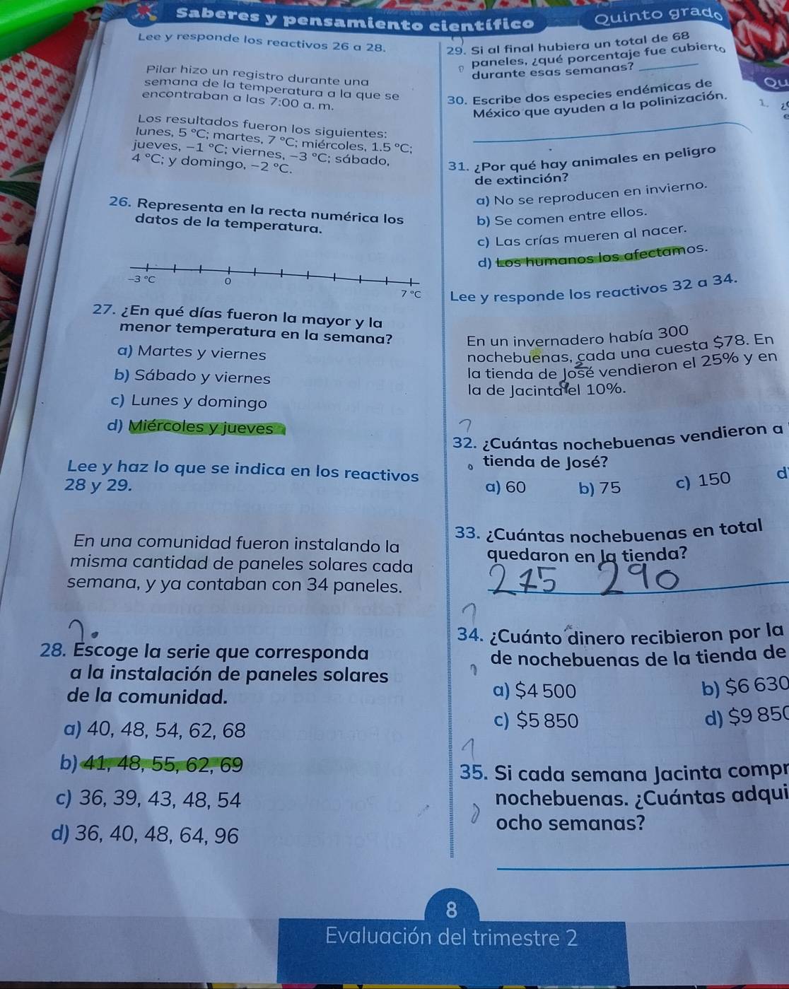 Saberes y pensamiento científico Quinto grado
Lee y responde los reactivos 26 a 28. 29. Si al final hubiera un total de 68
paneles, ¿qué porcentaje fue cubierto
durante esas semanas?
Pilar hizo un registro durante una
semana de la temperatura a la que se 30. Escribe dos especies endémicas de Qu
encontraban a las 7:00 a. m.
. 2
México que ayuden a la polinización.
Los resultados fueron los siguientes:_
lunes, 5°C; martes, 7°C; miércoles, 1.5°C;
jueves, -1°C; viernes, -3°C
4°C; y domingo, -2°C; sábado,
31. ¿Por qué hay animales en peligro
de extinción?
a) No se reproducen en invierno.
26. Representa en la recta numérica los
b) Se comen entre ellos.
datos de la temperatura.
c) Las crías mueren al nacer.
d) Los humanos los afectamos.
Lee y responde los reactivos 32 a 34.
27. ¿En qué días fueron la mayor y la
menor temperatura en la semana?
En un invernadero había 300
a) Martes y viernes
nochebuenas, cada una cuesta $78. En
b) Sábado y viernes
la tienda de José vendieron el 25% y en
c) Lunes y domingo la de Jacinta el 10%.
d) Miércoles y jueves
32. ¿Cuántas nochebuenas vendieron a
、 tienda de José?
Lee y haz lo que se indica en los reactivos
28 y 29. a) 60 b) 75 c) 150 d
En una comunidad fueron instalando la 33. ¿Cuántas nochebuenas en total
misma cantidad de paneles solares cada quedaron en la tienda?
semana, y ya contaban con 34 paneles.
_
34. ¿Cuánto dinero recibieron por la
28. Éscoge la serie que corresponda
de nochebuenas de la tienda de
a la instalación de paneles solares
de la comunidad. a) $4 500
b) $6 630
a) 40, 48, 54, 62, 68
c) $5 850 d) $9 850
b) 41, 48, 55, 62, 69
35. Si cada semana Jacinta compr
c) 36, 39, 43, 48, 54 nochebuenas. ¿Cuántas adqui
d) 36, 40, 48, 64, 96
ocho semanas?
_
8
Evaluación del trimestre 2