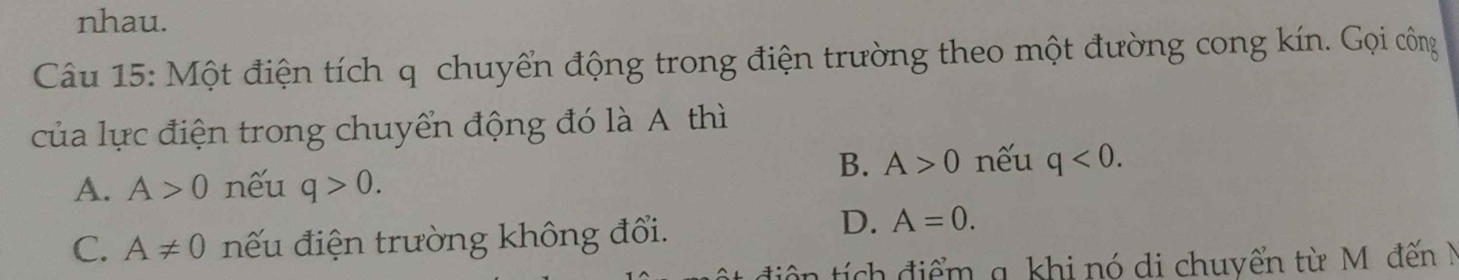 nhau.
Câu 15: Một điện tích q chuyển động trong điện trường theo một đường cong kín. Gọi công
của lực điện trong chuyển động đó là A thì
B. A>0 nếu q<0</tex>.
A. A>0 nếu q>0.
C. A!= 0 nếu điện trường không đổi.
D. A=0. 
tch điểm a khi nó di chuyển từ M đến N