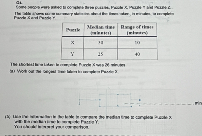 Some people were asked to complete three puzzles, Puzzle X, Puzzle Y and Puzzle Z. 
The table shows some summary statistics about the times taken, in minutes, to complete 
Puzzle X and Puzzle Y. 
The shortest time taken to complete Puzzle X was 26 minutes. 
(a) Work out the longest time taken to complete Puzzle X.
min
(b) Use the information in the table to compare the median time to complete Puzzle X
with the median time to complete Puzzle Y. 
You should interpret your comparison.