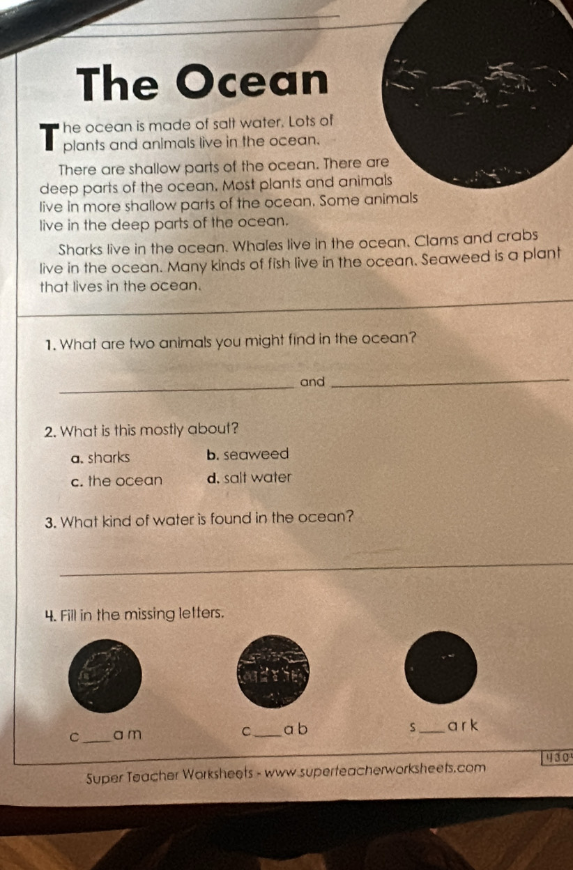 The Ocean
he ocean is made of salt water. Lots of
plants and animals live in the ocean.
There are shallow parts of the ocean. There 
deep parts of the ocean. Most plants and anim
live in more shallow parts of the ocean. Some a
live in the deep parts of the ocean.
Sharks live in the ocean. Whales live in the ocean. Clams and crabs
live in the ocean. Many kinds of fish live in the ocean. Seaweed is a plant
that lives in the ocean.
1. What are two animals you might find in the ocean?
_and
_
2. What is this mostly about?
a. sharks b. seaweed
c. the ocean d. salt water
3. What kind of water is found in the ocean?
_
4. Fill in the missing letters.
s
C_ a m C_ a b _a r k
430
Super Teacher Worksheets - www superteacherworksheets.com