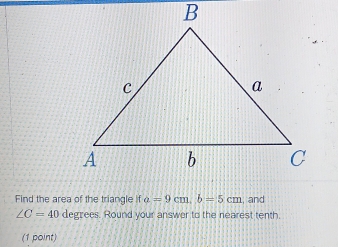 Find the area of the triangle ifa=9cm, b=5cm , and
∠ C=40 degrees. Round your answer to the nearest tenth. 
(1 point)