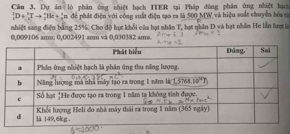 Dự án lò phản ứng nhiệt hạch ITER tại Pháp dùng phản ứng nhiệt hạch
_1^2D+_1^3Tto _2^4He+_0^1n đề phát điện với công suất điện tạo ra là 500 MW và hiệu suất chuyển hóa từ
nhiệt sang điện bằng 25%. Cho độ hụt khối của hạt nhân T, hạt nhân D và hạt nhân He lần lượt là
0,009106 amu; 0,O02491 amu và 0,030382 amu.