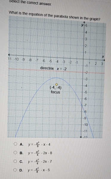 Select the correct answer.
What is the eq
A. y=- x^2/8 -x-4
B. y=- x^2/4 -2x-8
C. y=- x^2/4 -2x-7
D. y=- x^2/8 -x-5