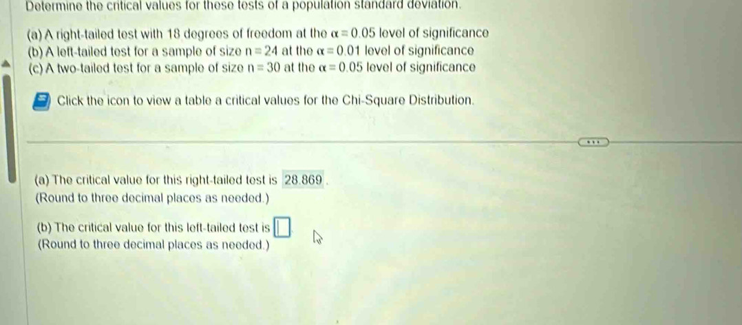 Determine the critical values for these tests of a population standard deviation. 
(a) A right-tailed test with 18 degrees of freedom at the alpha =0.05 level of significance 
(b) A left-tailed test for a sample of size n=24 at the alpha =0.01 level of significance 
(c) A two-tailed test for a sample of size n=30 at the alpha =0.05 level of significance 
7 Click the icon to view a table a critical values for the Chi-Square Distribution. 
(a) The critical value for this right-tailed test is 28.869. 
(Round to three decimal places as needed.) 
(b) The critical value for this left-tailed test is □ 
(Round to three decimal places as needed.)