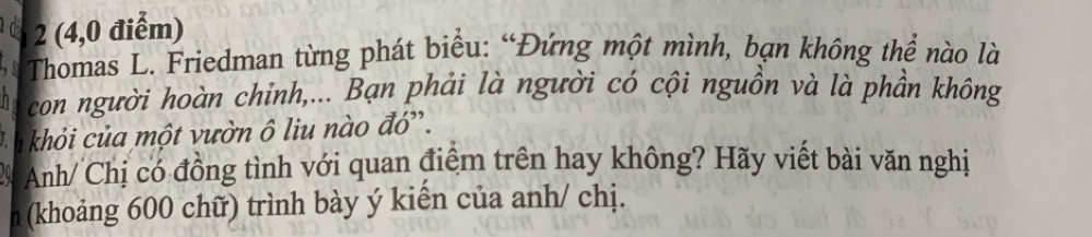 2 (4,0 điểm) 
* Thomas L. Friedman từng phát biểu: “Đứng một mình, bạn không thể nào là 
n con người hoàn chỉnh,... Bạn phải là người có cội nguồn và là phần không 
khỏi của một vườn ô liu nào đỏ'. 
Anh/ Chị có đồng tình với quan điểm trên hay không? Hãy viết bài văn nghị 
n (khoảng 600 chữ) trình bày ý kiển của anh/ chị.