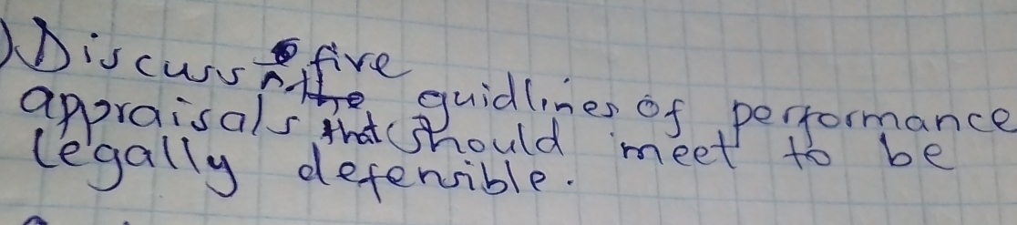 DDiscuss five guidlines of performance 
appraisals should meet to be 
legally defensible.