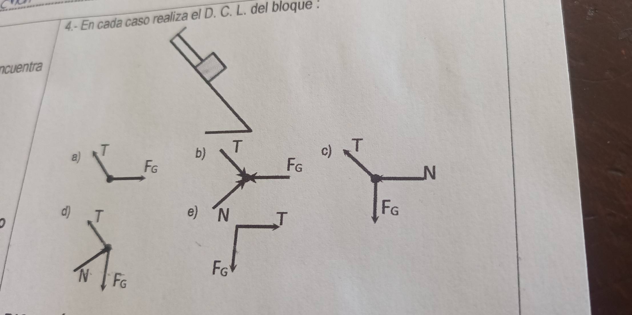 4.- En cada caso realiza el D. C. L. del bloque :
ncuentra
c
a) T b
F_G
1
e)N
J
F_G