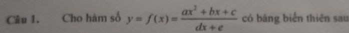 Cho hàm số y=f(x)= (ax^2+bx+c)/dx+e  có bảng biến thiên sau