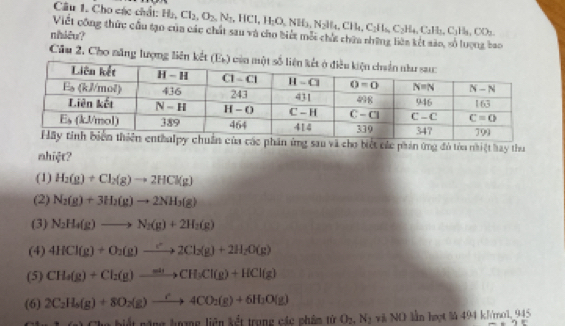 Cho các chất: H ,Cl_2,O_2,N_3 , HCl,
Viết công thức cầu tạo của các chất sau và c H_2O_5NH_3,N_2H_4,CH_4,C_3H_4,C_2H_4,C_2H_3,CO_2
nhiêu?
Cầu 2, Cho năng lượng liên kết (E
a các phân ứng sau và cho biết các phản ứng đủ tóa nhiệt hay tha
mhiệt?
(1) H_2(g)+Cl_2(g)to 2HCl(g)
(2) N_2(g)+3H_2(g)to 2NH_3(g)
(3) N_2H_4(g)to N_2(g)+2H_2(g)
(4) 4HCl(g)+O_2(g)to 2Cl_2(g)+2H_2O(g)
(5) CH_4(g)+Cl_2(g)to CH_CH_3Cl(g)+HCl(g)
(6) 2C_2H_6(g)+8O_2(g)to 4CO_2(g)+6H_2O(g)
năng hượng liên kết trong các phẩm tử O_2,N_2 và NO lần họt là 494 kh/mol, 945