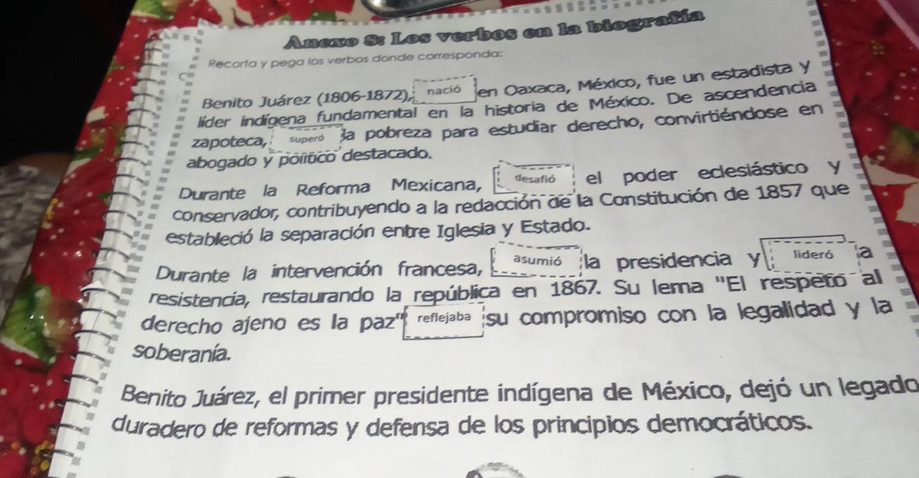 Resuelto:Anexo 8: Los verbos en la biograñía Recorta y pega los verbos ...