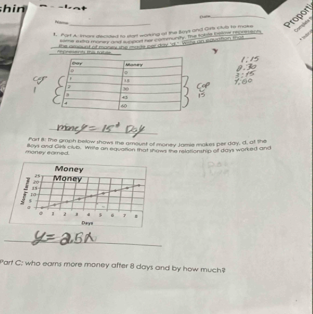 shin 
Datn 
Natme 
1. Part A: Imans decided to start working at the Boys and Girls club to make Proport 
tome extra money and tupport her community. The table below represents Complete 1 
* Indicy 
the amount of money she mage her day 'd.' Write an equation that 
represents this table 
_ 
Part B: The graph below shows the amount of money Jamie makes per day, d, at the 
Boys and Girls club. Write an equation that shaws the relationship of days worked and 
money earned. 
_ 
_ 
Part C; who earns more money after 8 days and by how much?