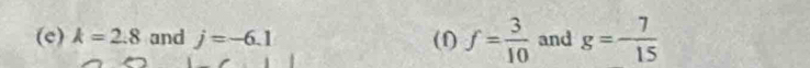 k=2.8 and j=-6.1 (f) f= 3/10  and g=- 7/15 