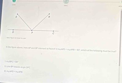 Co 500
Nose Figure not drwwn ts acote
In the figure above, lines kj * and BP intersect at Point P. Ifm∠ APD+m∠ AP=90° , which of the following must be true?
L m∠ BPC=90°
LineBP bisects angle DPC
m∠ APD=m∠ APB